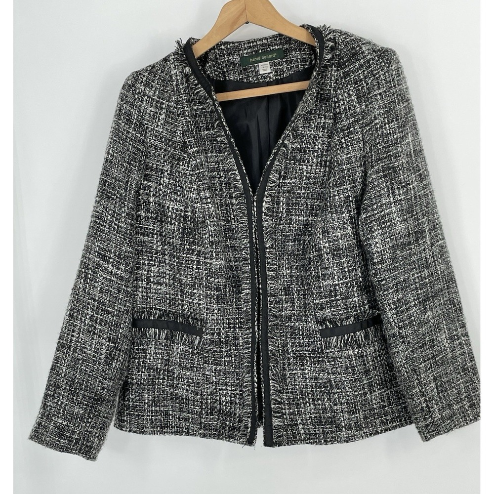 Harve Benard Woman 14/16 Black and White Tweed‎ Open Cut Jacket Fringe Detail